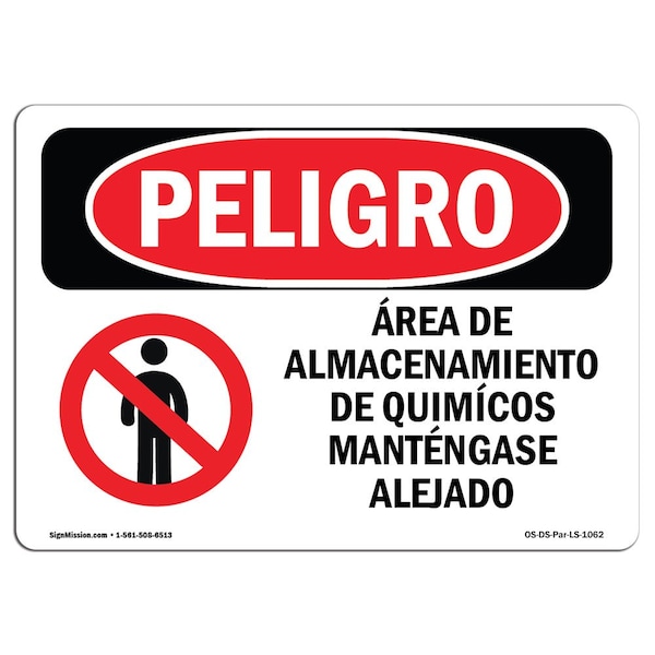 Safety Sign, OSHA Danger, 3.5" Height, 5" Width, Chemical Storage Area Keep Out Spanish, 10PK